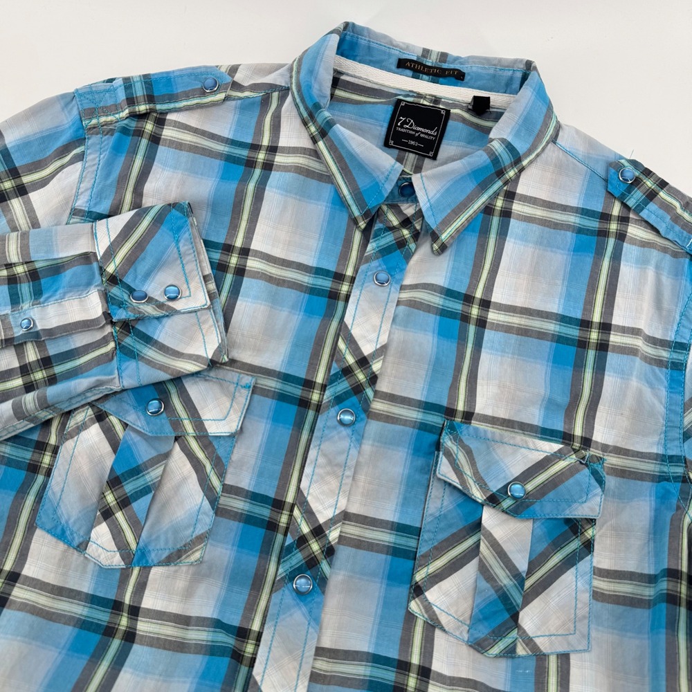 7 Diamonds Button Down Men XL Blue Plaid Western Pearl Snap Epaulette Shirt